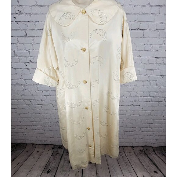 VTG Paulette Ivory Satin 1940 Parisan Gold Button Embroidered House Coat Size 14 - Picture 1 of 16